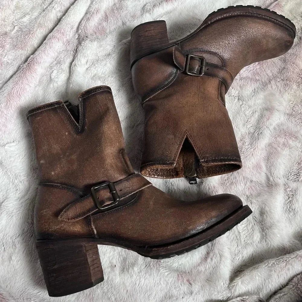 FreeBird Carlito Brown Leather Boho Western Moto Brown Heeled Boots - Picture 15 of 16